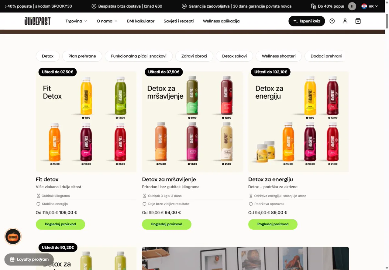 Juicefast custom e-commerce storefront with product categories, programme bundles and product discovery