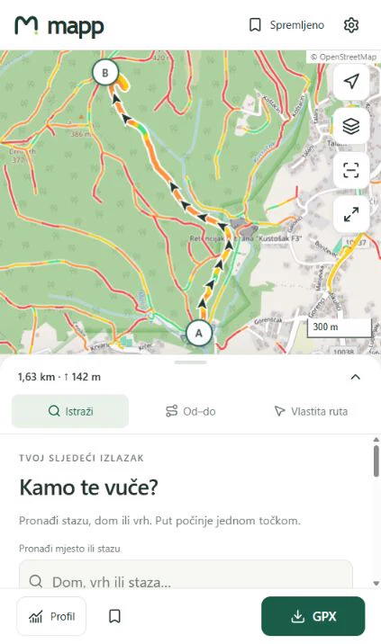 MAPP mobile route planner showing a Medvednica trail, elevation and GPX export
